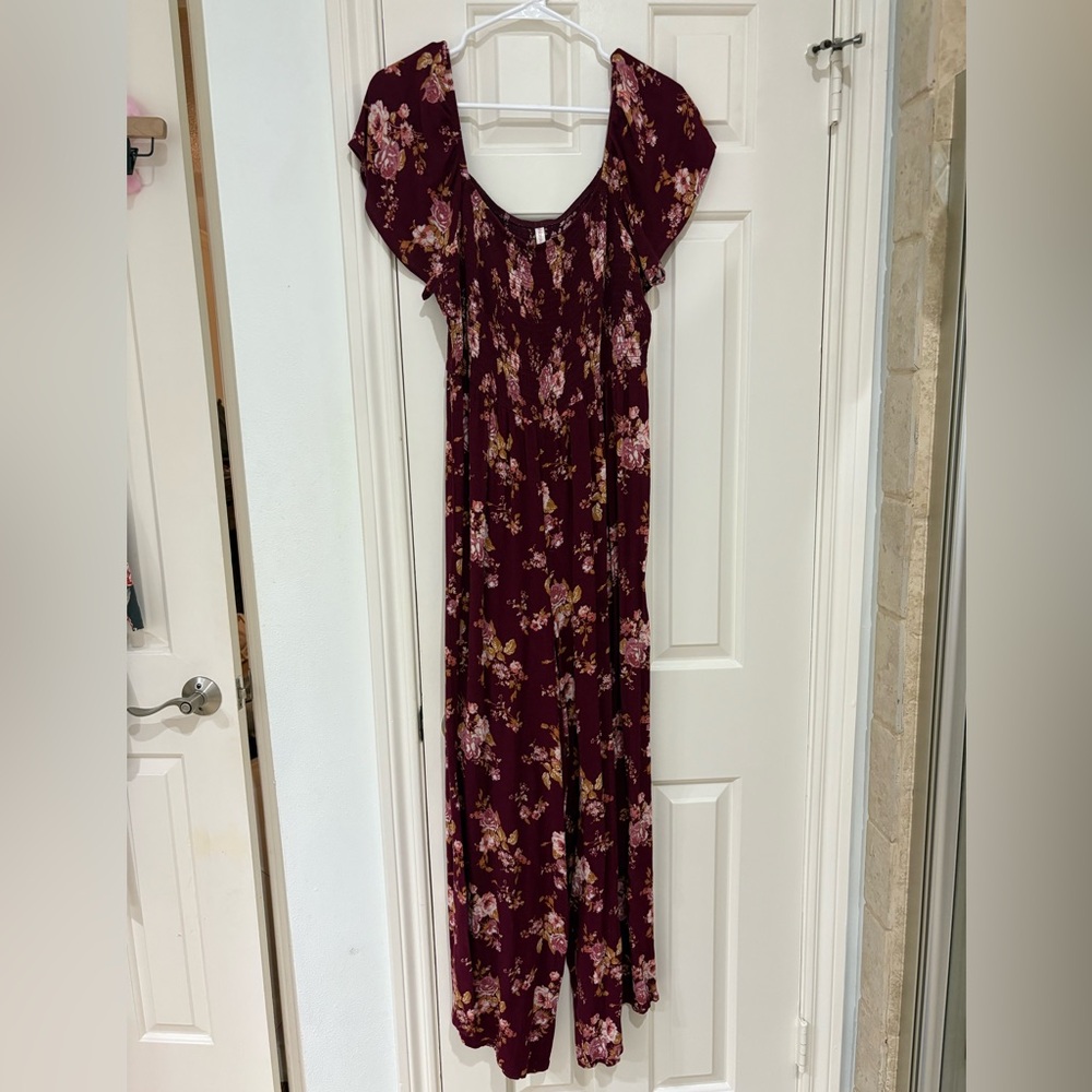 Xhilaration Burgundy Smocked Floral Jumpsuit size large